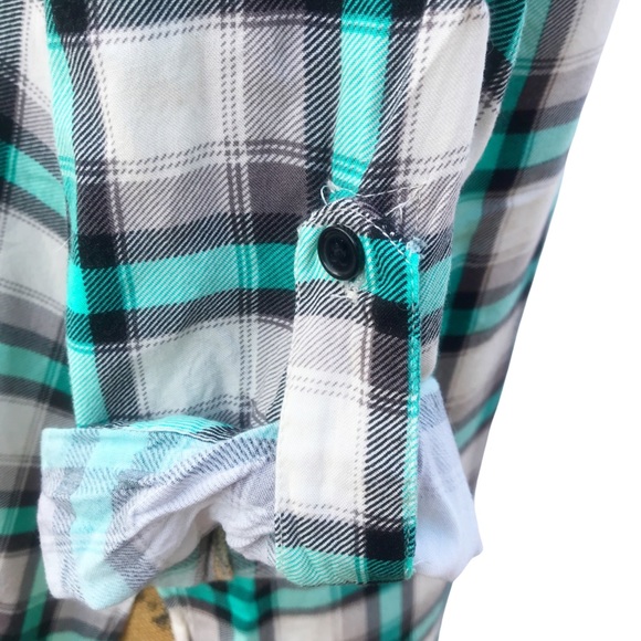 BONGO Green White Plaid 3/4 Pin Up Sleeve Button Up Shirt Sz L - Picture 2 of 10